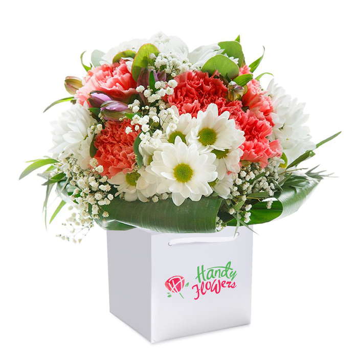 Nestled within a sharp white gift bag, this exuberant bouquet captures the freshness and vitality of Elmers End's local floristry. The arrangement features a captivating medley of coral-pink carnations with generously ruffled petals, their soft edges imbued with welcoming warmth that feels as comforting as an afternoon spent amid the green spaces along Elmers End Road. Encircling the focal blooms, snowy white daisies with crisp petals and lime-hued centers add a lively tempo that balances cool tranquillity with joyful delight-imagery reminiscent of spring mornings in nearby parks. Cloud-like sprays of baby's breath dance through the bouquet, creating a gentle sense of depth and filling every gap with a whisper of innocence. Among the florals, a few tight buds with faintly purple-blushed tips hint at the ever-renewing beauty of the season. The entire composition is wrapped in a glossy dark green foliage collar, its broad leaves forming a lush framework that amplifies the vibrancy of the paints above. The bouquet stands upright in a modern, square white bag, designed for effortless gifting and local delivery-perfect for the wide leafy avenues of Elmers End or the close-knit lanes near Beckenham Junction. Finishing touches include sturdy white cord handles that rise at the sides, complementing the clean architectural lines of the bag. Shot upon a pure white background and bathed in soft, natural light, the arrangement exudes freshness and meticulous care-ideal for birthdays, anniversaries, or as a thoughtful gesture brightening someone's day in Elmers End.