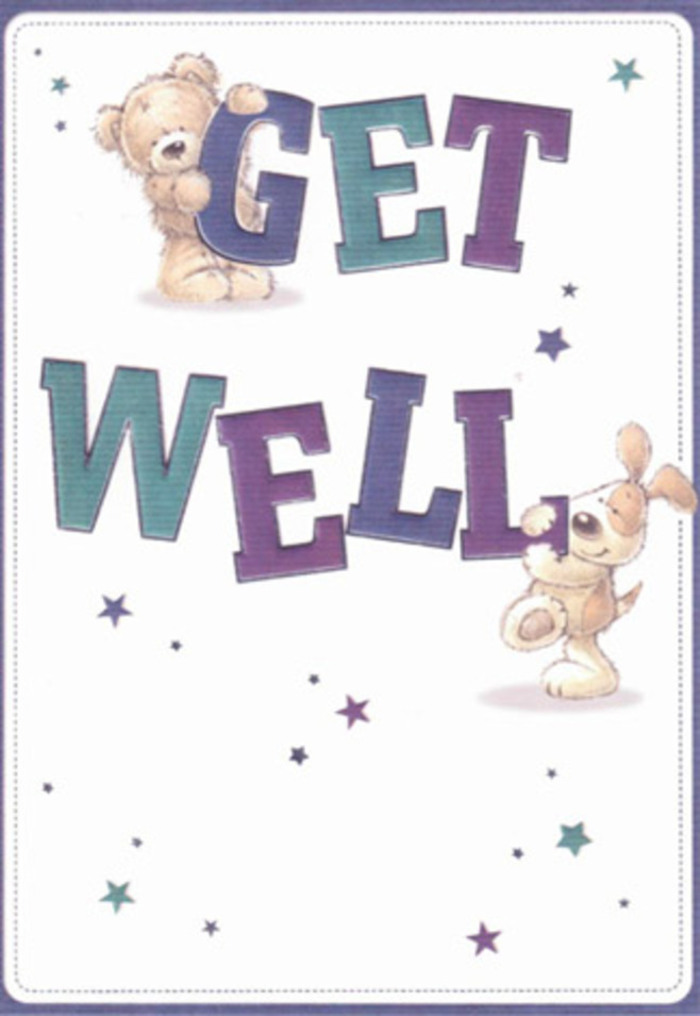 Emanating from this illustrated get well card is an aura of encouragement, much like the supportive atmosphere woven throughout Elmers End. A soft, plush bear and a devoted puppy, both rendered with invitingly tactile textures, form the heart of the scene as they play among oversized, confident letters shaded in cheerful indigos and aquas. Dancing stars, reminiscent of twinkling streetlights near Clock House, float playfully around, scattering wishes and hope into the composition. The typography is bold yet friendly, grounding the joyful energy in reassurance. Each detail-the bear's downy fur, the puppy's velvety ears-adds to the tactile invitation, conjuring the comfort of a warm embrace or a thoughtfully arranged bouquet from Elmers End Flowers. Imagine gifting this card alongside a selection of local seasonal stems: together, they would radiate gentle positivity and heartfelt care, ideal for lifting someone's spirits, young or old, within the vibrant community of Elmers End.