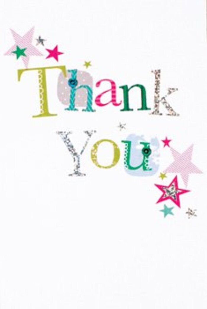 There's a graceful exuberance to the lettered message on this thank you card, its composition echoing the bright neighbourly warmth you feel strolling through Elmers End Park. Each letter radiates a unique character-whimsical curves, dainty stitched flourishes, and soft polka dots-while others maintain an air of effortless elegance, like the wildflowers in Beckenham Cemetery's open meadows. Stars, with stripes of pink and luminous turquoise or dotted in festive silver, hover nearby as if blessing the sentiment with a little extra cheer, their placement both airy and intentional. The crisp white setting creates space for the vibrant, summery palette to breathe, imbuing the card with a quiet sophistication that is equal parts charming and universal. This design resonates with anyone seeking a genuine gesture of gratitude-nestled beside a bouquet from a neighbourhood florist, it transforms a simple thank you into a moment as memorable as enjoying an afternoon picnic by Clock House. Balancing whimsy with sincerity, this card is as enveloping as fresh flowers in the home-a timeless token of appreciation from the heart of Elmers End.