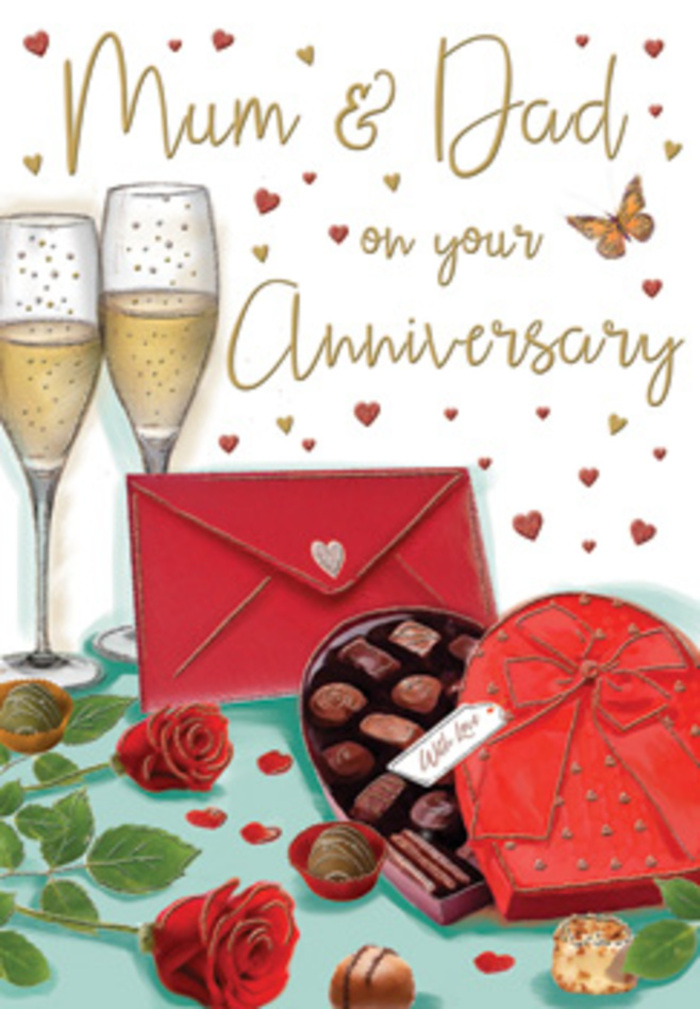 The artwork on this anniversary card creates a softly glowing celebration scene, the sort of thoughtful detail you might choose for parents who have made a home around Elmers End and its leafy side streets. At the heart of the illustration, two tall champagne glasses stand close together, their clear sides shaped to hold a cascade of tiny golden bubbles. The fizz seems suspended mid-rise, giving the impression of a paused toast, full of emotion and unspoken gratitude. Just below, a heart-shaped chocolate box dominates the foreground, coloured in rich shades of red and burgundy, with an extravagant red bow tied across the lid. The lid rests slightly ajar, revealing neatly arranged chocolates with smooth, domed tops and delicate detailing, each one suggesting a small, sweet moment waiting to be shared between loved ones. Nearby, two vibrant red roses lie on the tabletop, their petals heavy and plush, opening in generous spirals that almost invite you to imagine their soft, familiar fragrance. The deep green leaves around them curl and layer, adding texture and balance, like foliage expertly chosen in a florist's workshop just off Elmers End Road. Scattered around the card are tiny heart motifs in gold and crimson, gently floating across a warm neutral background and framing tender words for Mum & Dad in graceful script. A classic scarlet envelope rests in the corner, hinting at a handwritten note full of affectionate memories, perhaps recalling walks to nearby parks or quiet evenings at home. The entire composition glows with warmth, romance, and the enduring comfort of a long partnership, capturing the spirit of an anniversary that honours both love and the family it has nurtured.