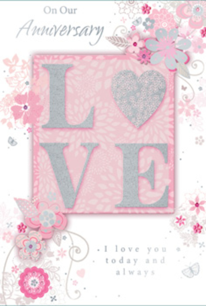 This beautifully detailed anniversary card looks as though it could be propped in the window of a friendly Elmers End florist, glowing softly against the glass on a gentle spring morning. Dominating the centre is the word LOVE, its letters raised from the surface and dressed in a fine, glittering finish that feels almost frosted, like petals kissed by a light winter sun before giving way to spring. The glitter catches the light in subtle silver flashes, providing a tactile richness that invites the hand to linger. Around this central emblem, a mist of delicate, stylised flowers seems to drift outward, their petals and leaves sketched with the grace of a florist drawing the first outline of a romantic bouquet. The blossoms unfurl in shades of blush pink, pearlescent white, and soft grey, with hints of silver detailing that evoke the intricate veining in real flower petals. The background itself is a tender, powdery pink, deep enough to feel warm but gentle enough to maintain an airy, ethereal quality, similar to the sky at dusk over the back streets running towards Beckenham. Fine filigree lines and curving stems weave between the blooms, adding movement and a sense of quiet flow, like foliage gently cascading from a hand-tied arrangement. An elegant script message nestles across the card, composed in slim, flowing letters that mirror the curves of the decorative vines, expressing deep, enduring affection and gratitude. The entire composition feels intimate and heartfelt, like a paper bouquet created to accompany fresh anniversary flowers delivered locally-a keepsake that can be kept long after real petals have faded, holding the memory of a milestone moment in love.