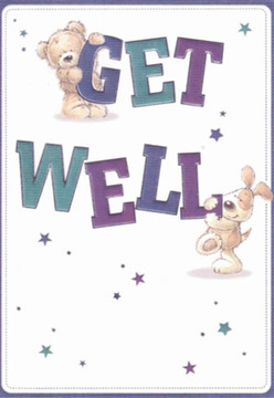In the comforting embrace of Elmers End, this get well card comes alive with playful encouragement and gentle hope. A fluffy teddy, full of affectionate intent, clasps onto the bold 'GET,' while a spirited puppy nuzzles contentedly against the large 'WELL' below. Their sweet round forms and delighted faces brim with reassurance and kindness, echoing the small acts of support found on quiet walks near Beck Lane. The hand-lettered text, colored in deep purples and refreshing teals, leaps from the pristine white background, its presence as uplifting as a fresh-cut bouquet waiting at the counter of Elmers End Flowers. Snippets of stars twinkle across the design, offering bursts of light much like the cheerful chatter found in local community gardens. This card's artistry mirrors the thoughtful details a florist tends to when selecting blossoms to comfort a friend. Its mood is one of serenity, clarity, and heartfelt care-a visual reminder of recovery's gentle, persistent magic.
