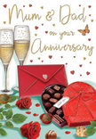 This anniversary card illustration feels like a lovingly arranged tabletop vignette, capturing the essence of a special evening for Mum and Dad in Elmers End. Two champagne flutes stand side by side at the back of the scene, their tall, slender forms filled with sparkling golden champagne. The bubbles are drawn rising delicately, as if you could almost hear the soft fizz and imagine the gentle clink as glasses meet in a celebratory toast. In the foreground, a heart-shaped box of chocolates takes pride of place, richly coloured in shades of red, with an opulent satin bow tied across the lid. The lid is slightly open, revealing rows of carefully crafted chocolates, each with a smooth, glossy finish that suggests indulgence and care. To the side, a pair of red roses rests on the tabletop, their petals velvety and full, unfolding in tight spirals of deep ruby that contrast beautifully with their fresh green leaves. Around this central trio, tiny golden and crimson hearts drift across a softly tinted background, framing handwritten words for Mum & Dad that make the card feel personal and heartfelt. A bright red envelope lies close by, angled as though just set down after being addressed with love, hinting at a private message tucked inside. The colour palette of reds, golds, and warm neutrals creates a cosy, romantic ambiance, reminiscent of a family celebration after a stroll through Elmers End Green or a quiet evening at home. Altogether, the image radiates tenderness, joy, and the simple luxury of sharing roses, chocolates, and champagne with the people who mean the most.